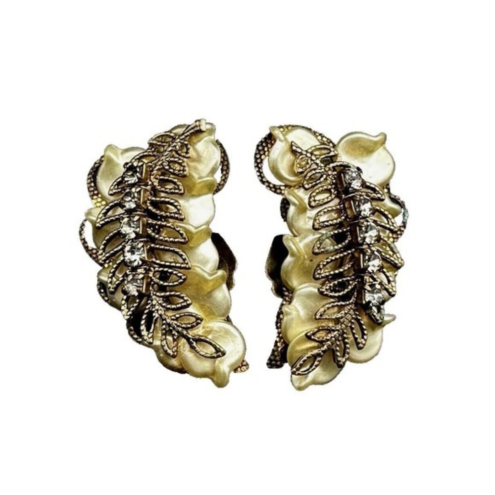Vintage Clip On Earrings Gold Tone Faux Pearl Lucite Acrylic Rhinestones Leaves